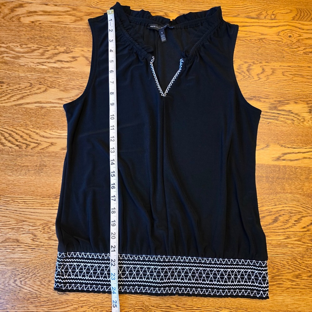 White House Black Market S Black Gathered Smocked Hem Embroidered Blouse Tank - Picture 10 of 12